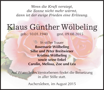 Traueranzeige von Klaus Günther Wölbeling von Mitteldeutsche Zeitung Aschersleben