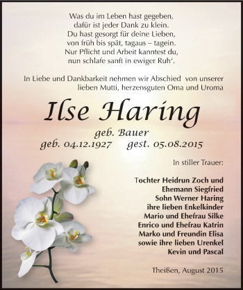 Traueranzeige von Ilse Haring von Mitteldeutsche Zeitung Zeitz