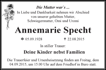 Traueranzeige von Annemarie Specht von WVG - Wochenspiegel Dessau / Köthen