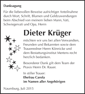 Traueranzeige von Dieter Krüger von WVG - Wochenspiegel NMB / WSF / ZTZ