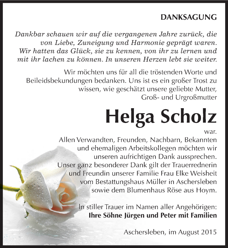  Traueranzeige für Helga Scholz vom 29.08.2015 aus Mitteldeutsche Zeitung Aschersleben