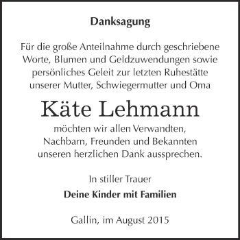 Traueranzeige von Käte Lehmann von WVG - Wochenspiegel Wittenberg