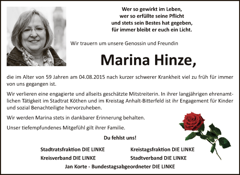  Traueranzeige für Marina Hinze vom 19.08.2015 aus WVG - Wochenspiegel Dessau / Köthen