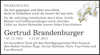 Traueranzeige von Gertrud Brandenburger von Super Sonntag Wittenberg