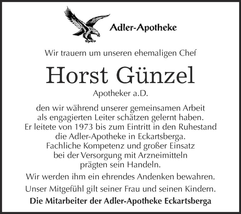  Traueranzeige für Horst Günzel vom 19.08.2015 aus WVG - Wochenspiegel NMB / WSF / ZTZ