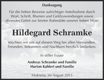 Traueranzeige von Hildegard Schramke von Super Sonntag Bernburg