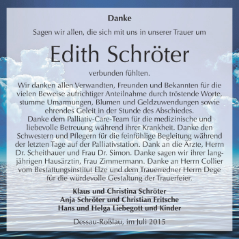 Traueranzeige von Edith Schröter von WVG - Wochenspiegel Dessau / Köthen