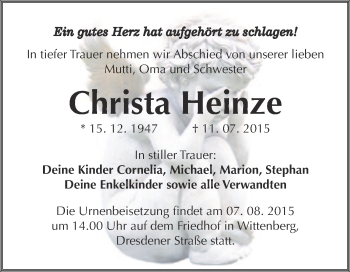 Traueranzeige von Christa Heinze von Super Sonntag Wittenberg