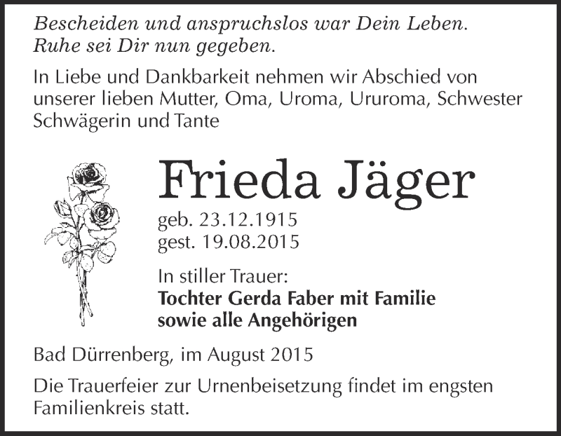  Traueranzeige für Frieda Jäger vom 29.08.2015 aus Super Sonntag Merseburg