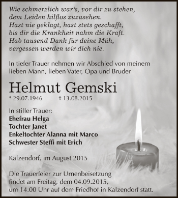 Traueranzeige von Helmut Gemski von Super Sonntag Zeitz