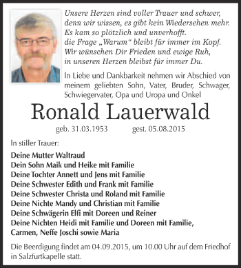 Traueranzeige von Ronald Lauerwald von WVG - Wochenspiegel Bitterfeld