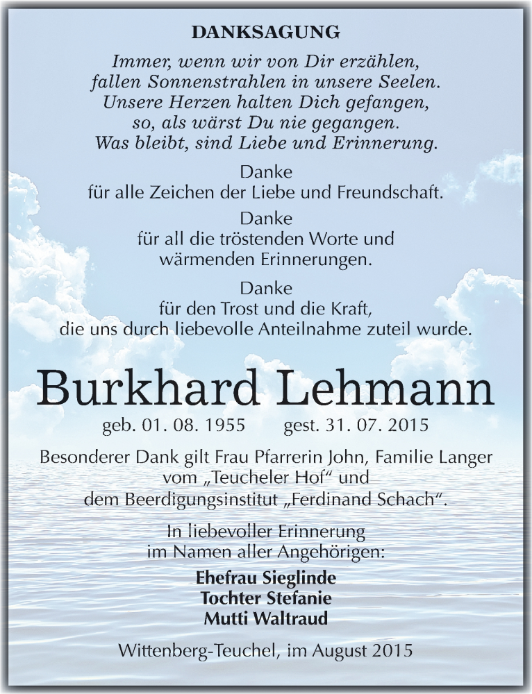  Traueranzeige für Burkhard Lehmann vom 15.08.2015 aus Mitteldeutsche Zeitung Wittenberg