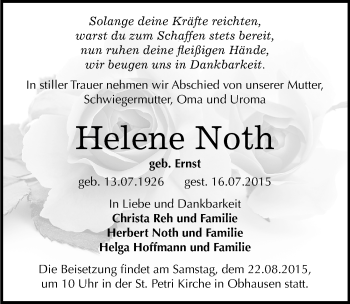Traueranzeige von Helene Noth von Mitteldeutsche Zeitung Merseburg/Querfurt