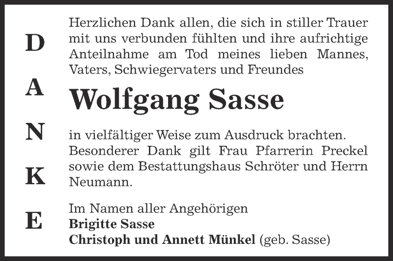  Traueranzeige für Wolfgang Sasse vom 29.08.2015 aus WVG - Wochenspiegel Dessau / Köthen
