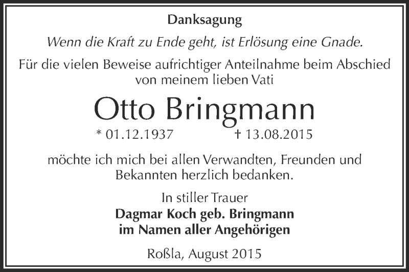 Traueranzeige für Otto Bringmann vom 29.08.2015 aus Super Sonntag SGH Mansf. Land