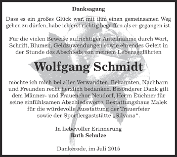 Traueranzeige von Wolfgang Schmidt von Super Sonntag SGH Mansf. Land