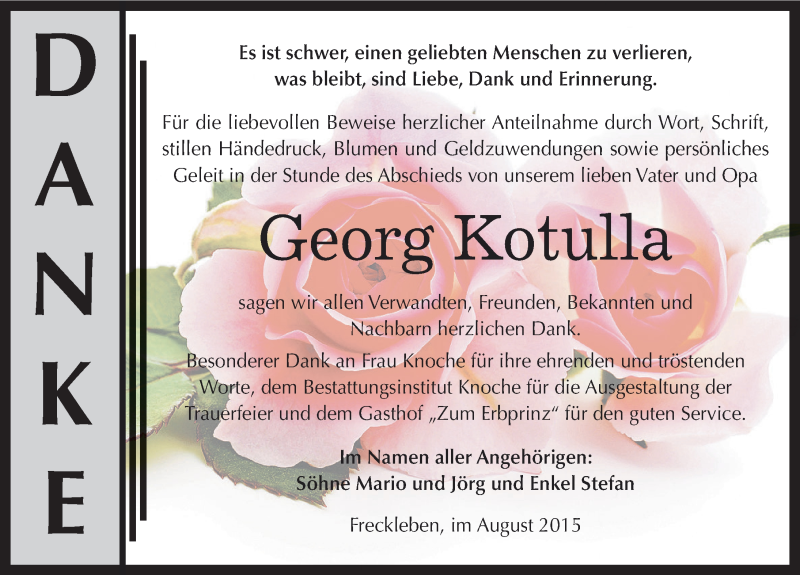  Traueranzeige für Georg Kotulla vom 22.08.2015 aus Mitteldeutsche Zeitung Aschersleben