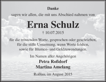 Traueranzeige von Erna Schulz von WVG - Wochenspiegel Dessau / Köthen