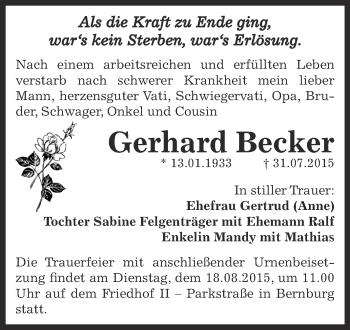 Traueranzeige von Gerhard Becker von Super Sonntag Bernburg