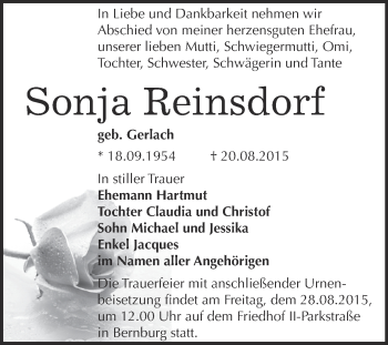Traueranzeige von Sonja Reinsdorf von Super Sonntag Bernburg
