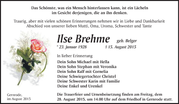 Traueranzeige von Ilse Brehme von WVG - Wochenspiegel Quedlinburg
