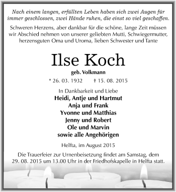 Traueranzeige von Ilse Koch von Mitteldeutsche Zeitung Mansfelder Land