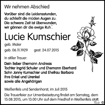 Traueranzeige von Lucie Kumschier von WVG - Wochenspiegel NMB / WSF / ZTZ