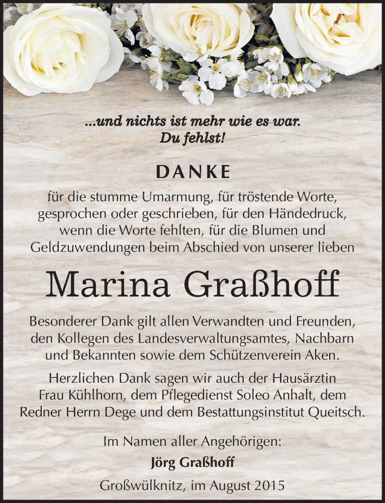  Traueranzeige für Marina Graßhoff vom 22.08.2015 aus Mitteldeutsche Zeitung Köthen