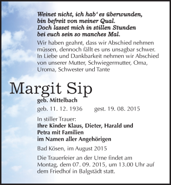 Traueranzeige von Margit Sip von Mitteldeutsche Zeitung Naumburg/Nebra