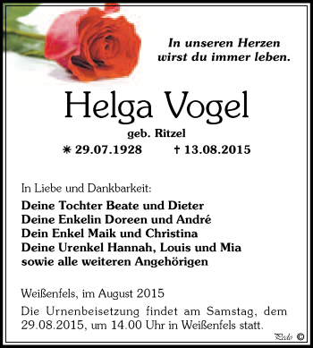 Traueranzeige von Helga Vogel von WVG - Wochenspiegel NMB / WSF / ZTZ