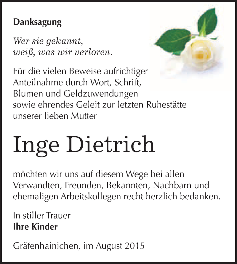  Traueranzeige für Inge Dietrich vom 29.08.2015 aus WVG - Wochenspiegel Wittenberg