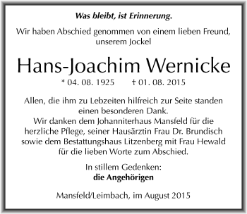 Traueranzeige von Hans-Joachim Wernicke von Mitteldeutsche Zeitung Mansfelder Land