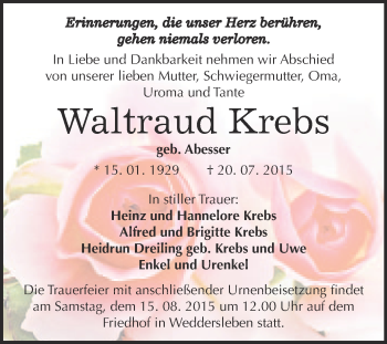 Traueranzeige von Waltraud Krebs von WVG - Wochenspiegel Quedlinburg
