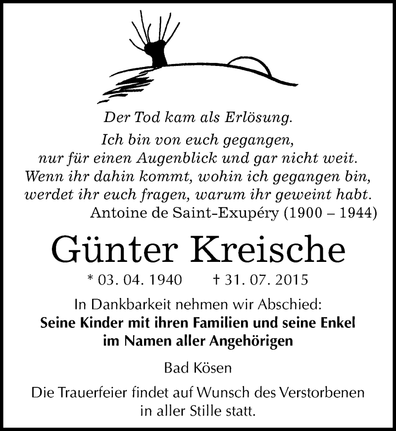  Traueranzeige für Günter Kreische vom 07.08.2015 aus Mitteldeutsche Zeitung Naumburg/Nebra