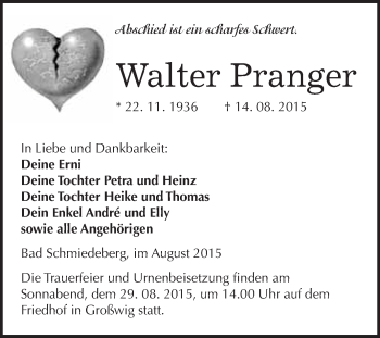 Traueranzeige von Walter Pranger von WVG - Wochenspiegel Wittenberg