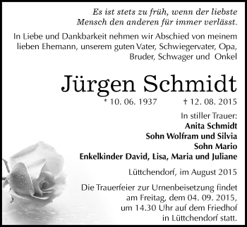Traueranzeige von Jürgen Schmidt von Mitteldeutsche Zeitung Mansfelder Land