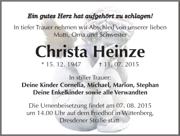 Traueranzeige von Christa Heinze von Mitteldeutsche Zeitung Wittenberg