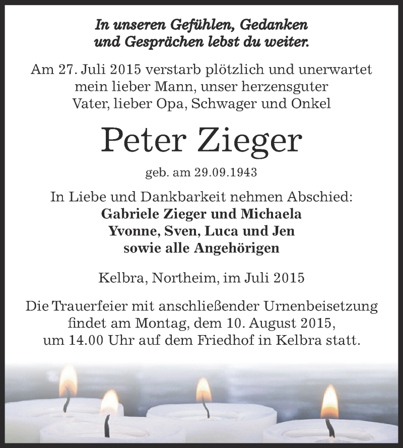  Traueranzeige für Peter Zieger vom 08.08.2015 aus Super Sonntag SGH Mansf. Land