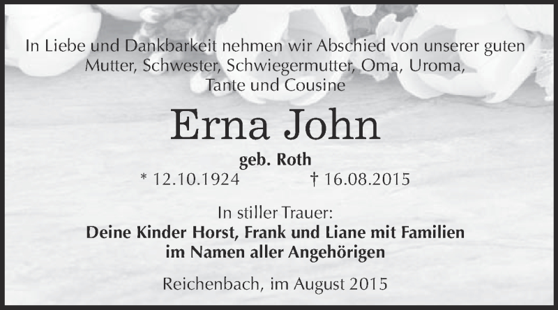  Traueranzeige für Erna John vom 26.08.2015 aus Super Sonntag Merseburg