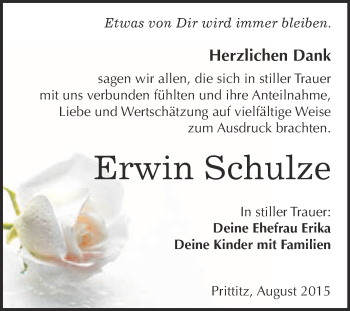 Traueranzeige von Erwin Schulze von WVG - Wochenspiegel NMB / WSF / ZTZ