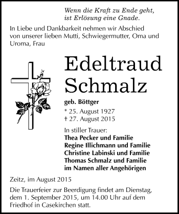 Traueranzeige von Edeltraud Schmalz von Mitteldeutsche Zeitung Zeitz