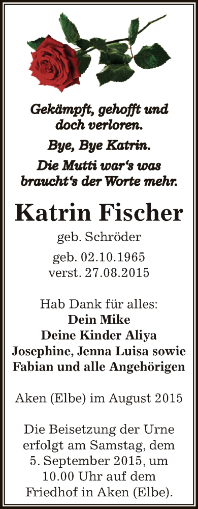  Traueranzeige für Katrin Fischer vom 29.08.2015 aus WVG - Wochenspiegel Dessau / Köthen