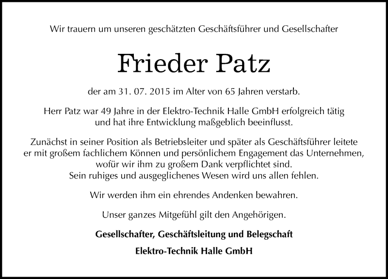  Traueranzeige für Frieder Patz vom 08.08.2015 aus Mitteldeutsche Zeitung Halle/Saalkreis
