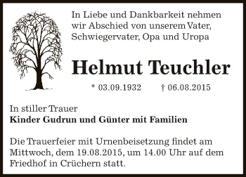 Traueranzeige von Helmut Teuchler von Super Sonntag Bernburg