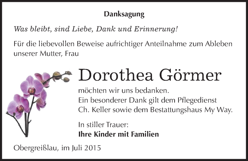  Traueranzeige für Dorothea Görmer vom 08.08.2015 aus Mitteldeutsche Zeitung Weißenfels