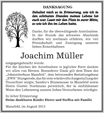 Traueranzeige von Joachim Müller von Mitteldeutsche Zeitung Mansfelder Land