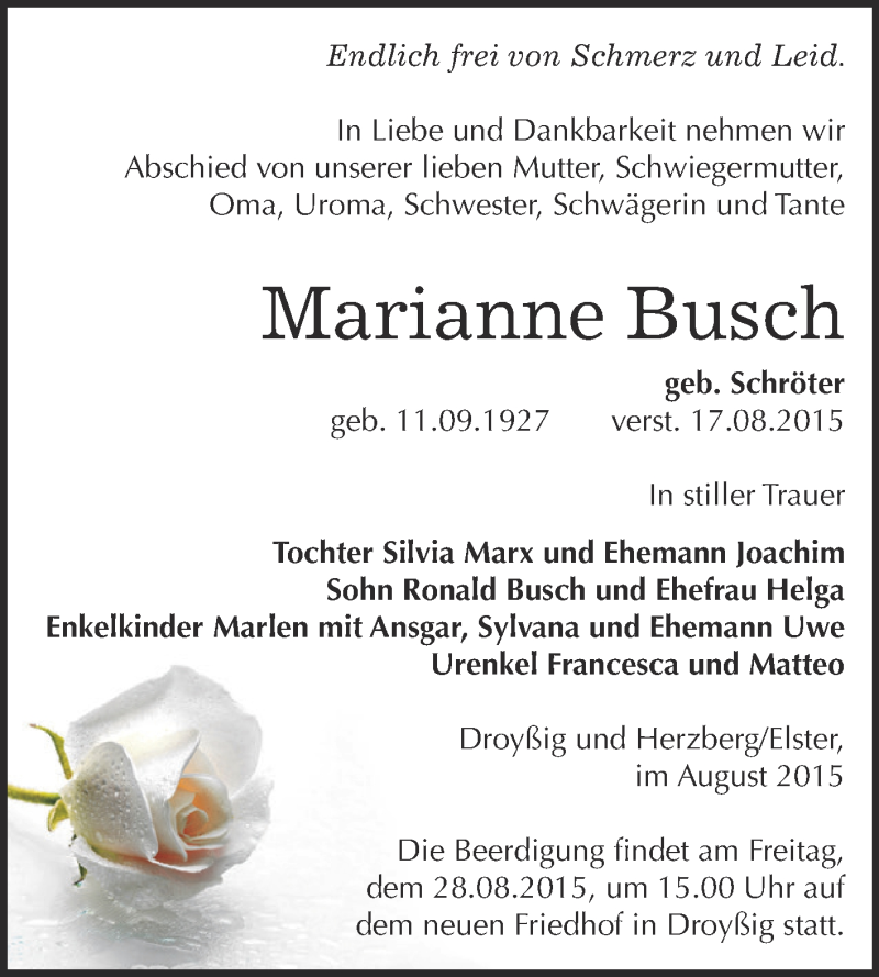  Traueranzeige für Marianne Busch vom 22.08.2015 aus Super Sonntag Zeitz