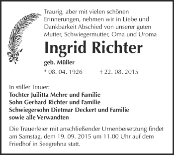 Traueranzeige von Ingrid Richter von WVG - Wochenspiegel Wittenberg