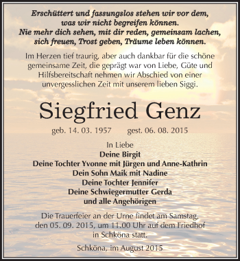 Traueranzeige von Siegfried Genz von Mitteldeutsche Zeitung Wittenberg