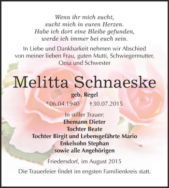 Traueranzeige von Melitta Schnaeske von WVG - Wochenspiegel Bitterfeld